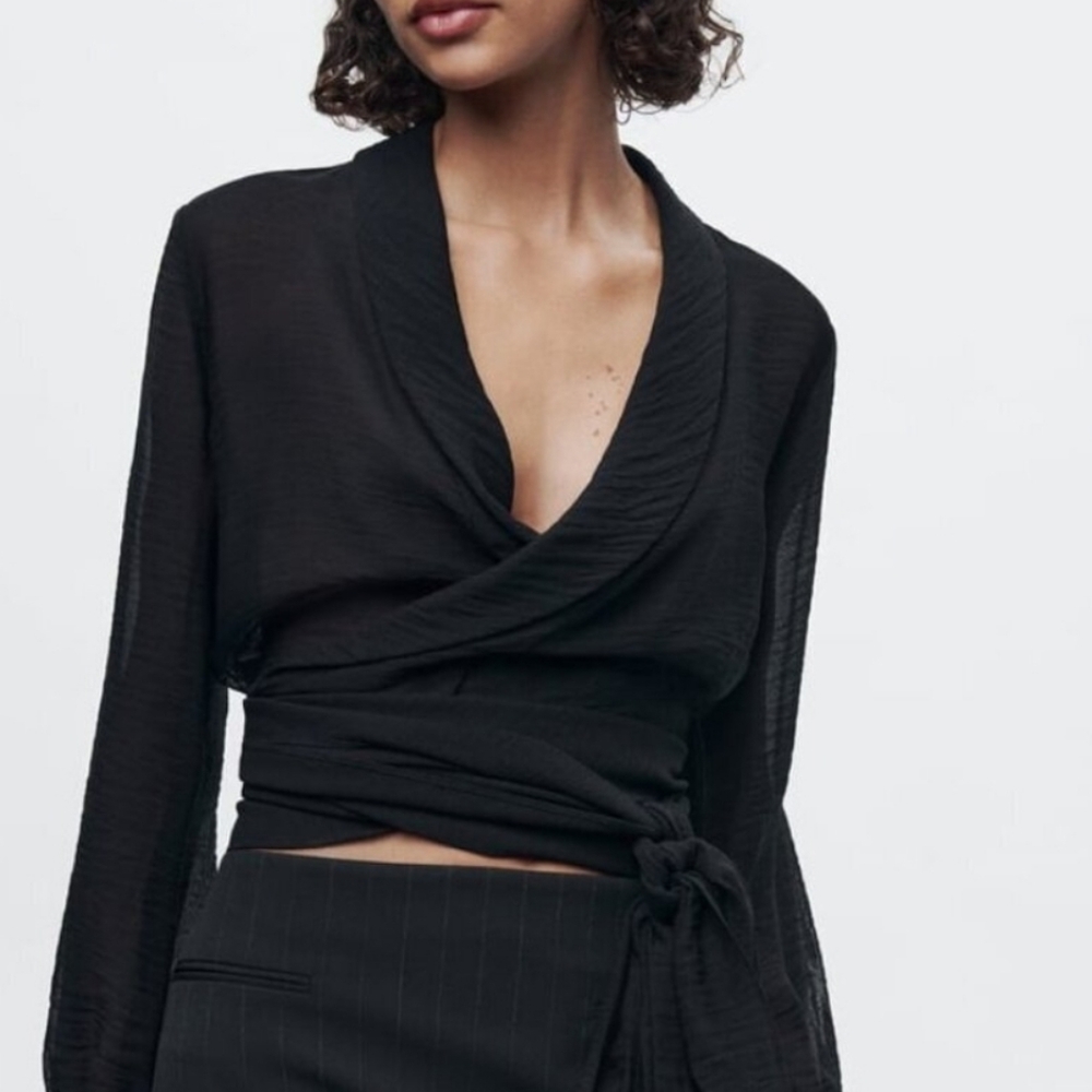 Zara Elegant Black Wrap Blouse With Lantern Cuffed Sleeves And Waist Tie